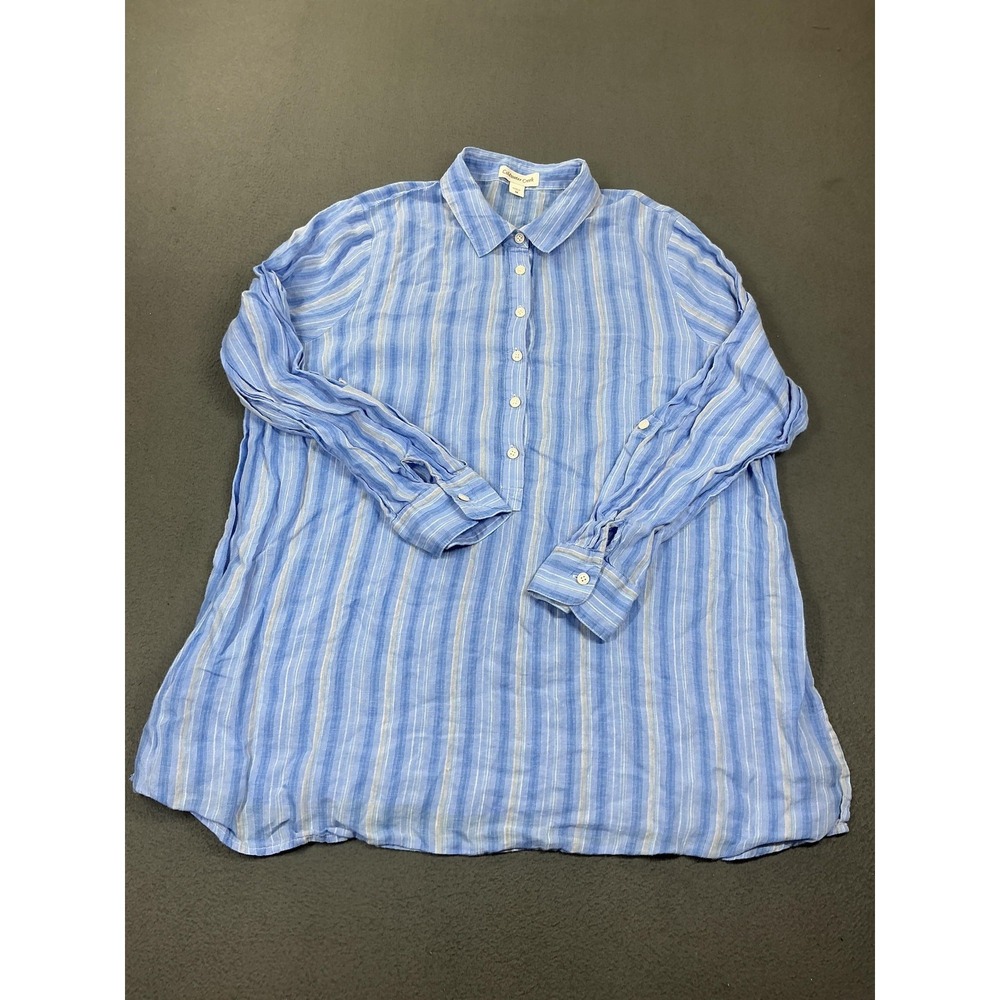 Coldwater Creek Shirt Womens 1X Blue 100% Linen Stripe Button Tunic Top
